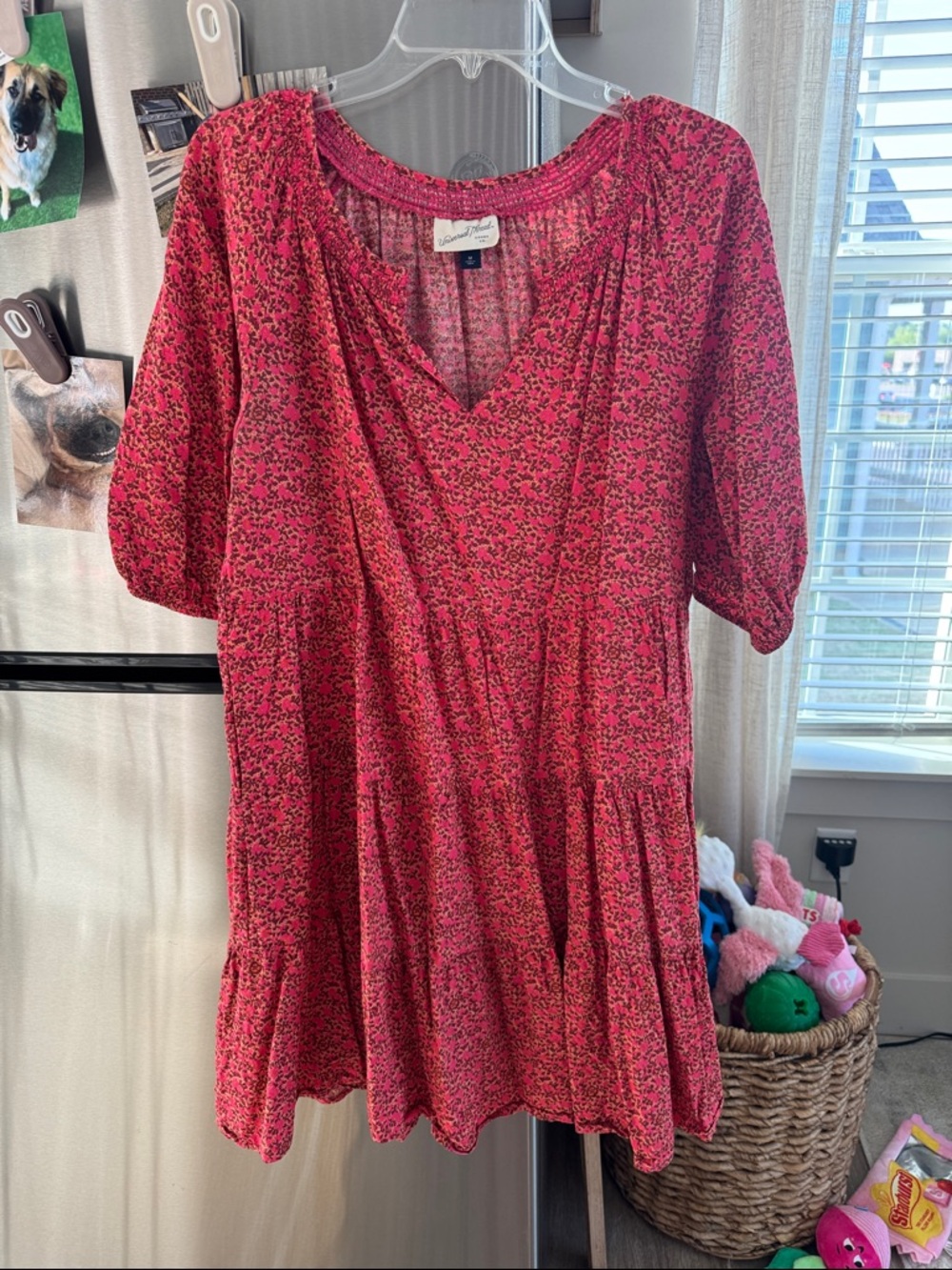 Red Pink Floral Tiered V-Neck Dress